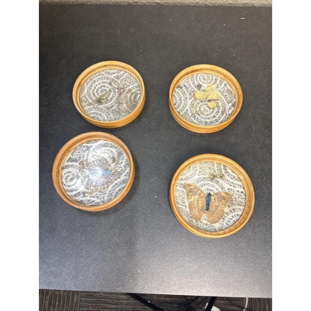 Vtg~1970's~Pressed Butterfly Bamboo Coaster~Set of 4~Japan